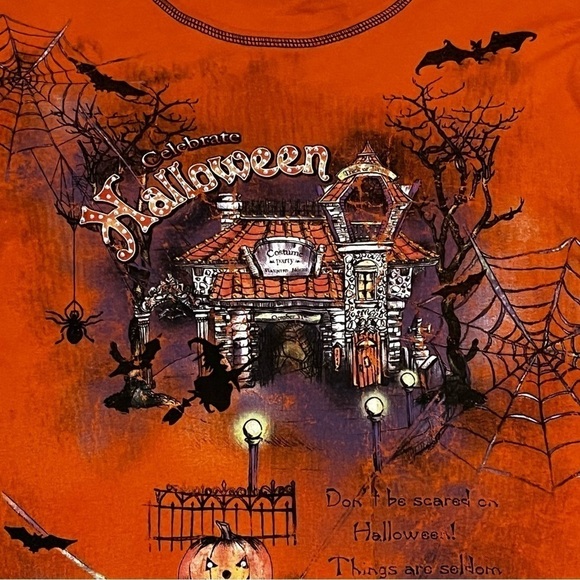 Y2K Halloween Knit Top Haunted House Pumpkins Cobwebs 2 sided Spooky Orange XXL - Picture 3 of 9